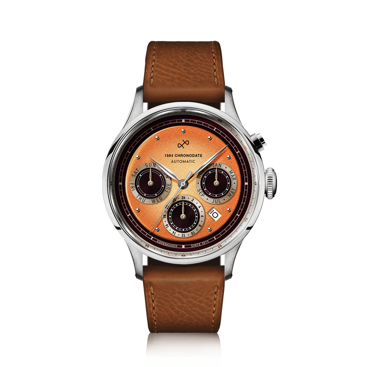 1564 Chronodate Automatic by AV86 vintage-inspired chronograph with sapphire crystal, multi-function subdials, and brown leather strap