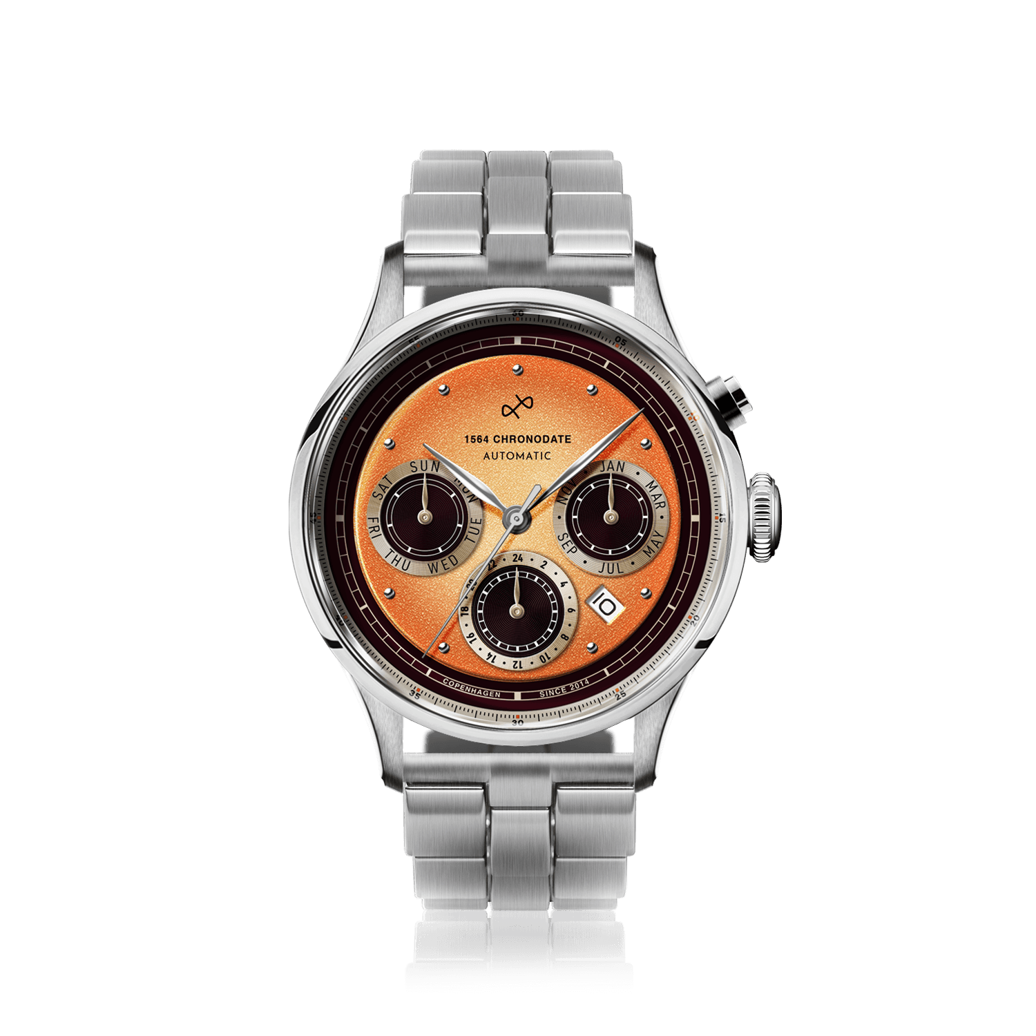 1564 Chronodate Automatic by AV86 vintage-inspired chronograph with sapphire crystal, multi-function dial, and metal bracelet strap