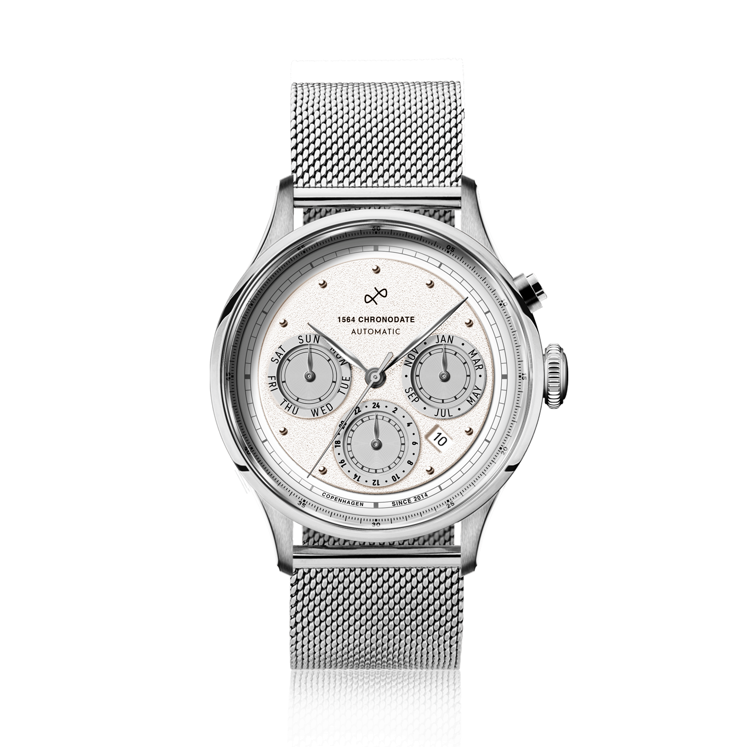 1564 Chronodate Automatic by AV86 features a refined automatic chronograph with a textured white dial, triple subdials, sapphire crystal, and a polished mesh steel bracelet, exemplifying Nordic minimalism and Danish horological precision.
