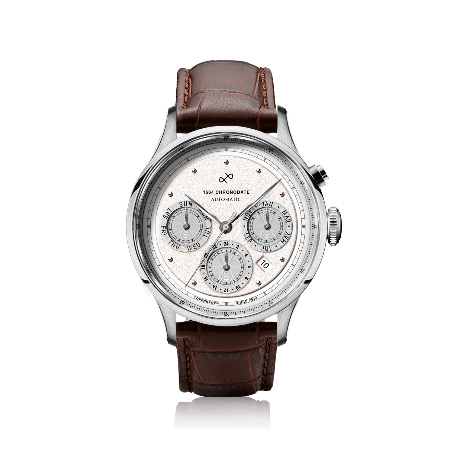 1564 Chronodate Automatic by AV86 showcases a vintage-inspired automatic chronograph with a textured dial, sapphire crystal, polished case, and a brown croc-embossed leather strap, reflecting refined Danish design and Nordic minimalism.