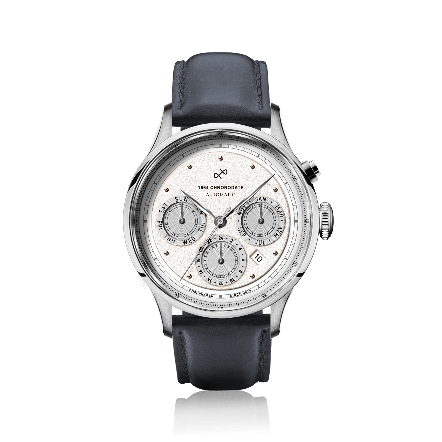 1564 Chronodate Automatic by AV86 presents a sophisticated automatic chronograph with a textured dial, triple subdials displaying day, date, and month, sapphire crystal, polished stainless steel case, and a dark blue leather strap, embodying refined Danish craftsmanship and Nordic minimalism.