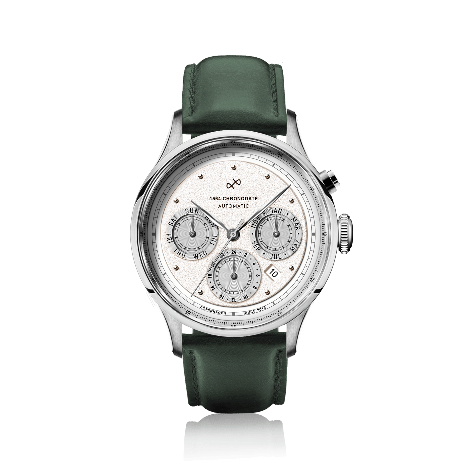 1564 Chronodate Automatic by AV86 showcases a vintage-inspired automatic chronograph with a textured dial, triple subdials, sapphire crystal, polished steel case, and a dark green leather strap, embodying Danish design and Nordic minimalism.
