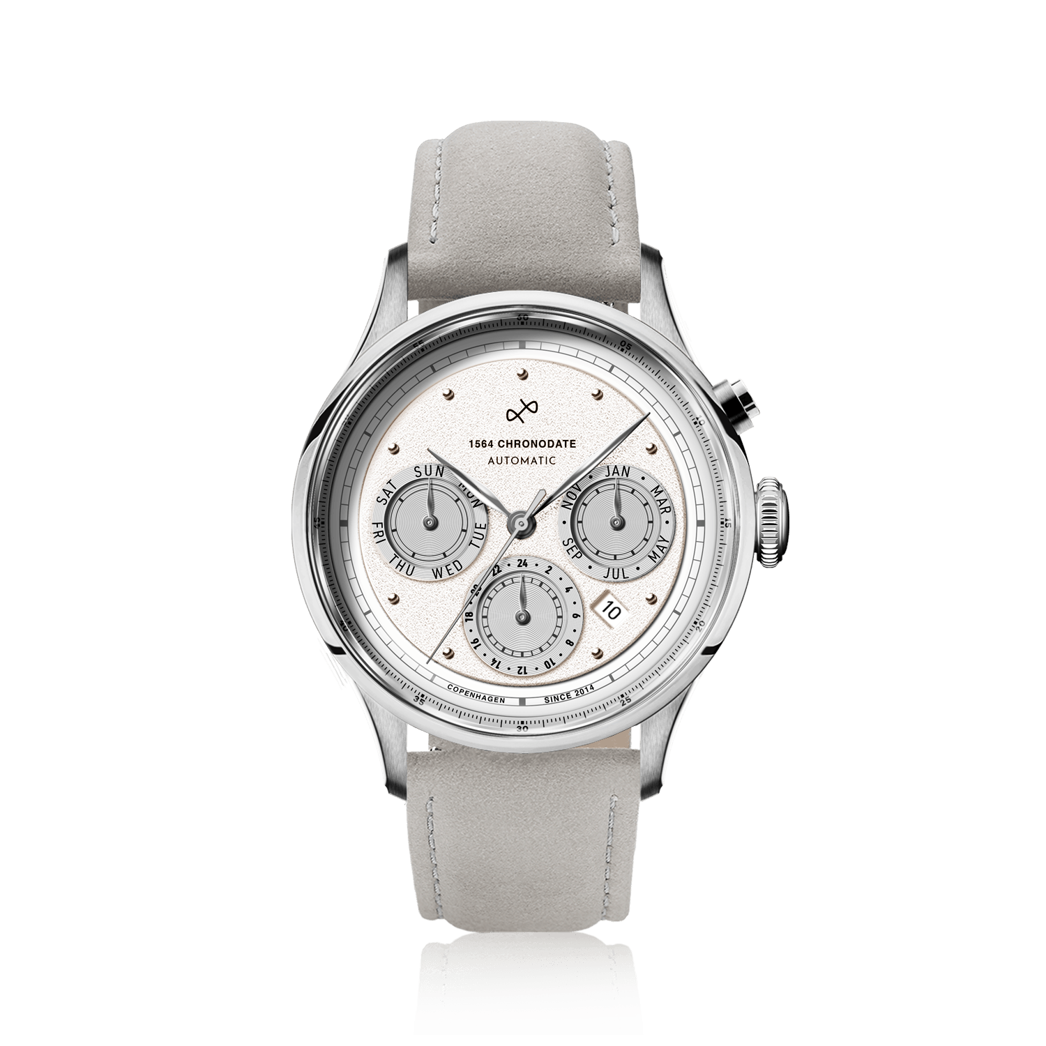 1564 Chronodate Automatic by AV86 showcases a vintage-inspired automatic chronograph with a textured dial, sapphire crystal, polished case, triple subdials for day, 24-hour time, and month, paired with a soft suede leather strap, reflecting refined Danish design and Nordic minimalism.