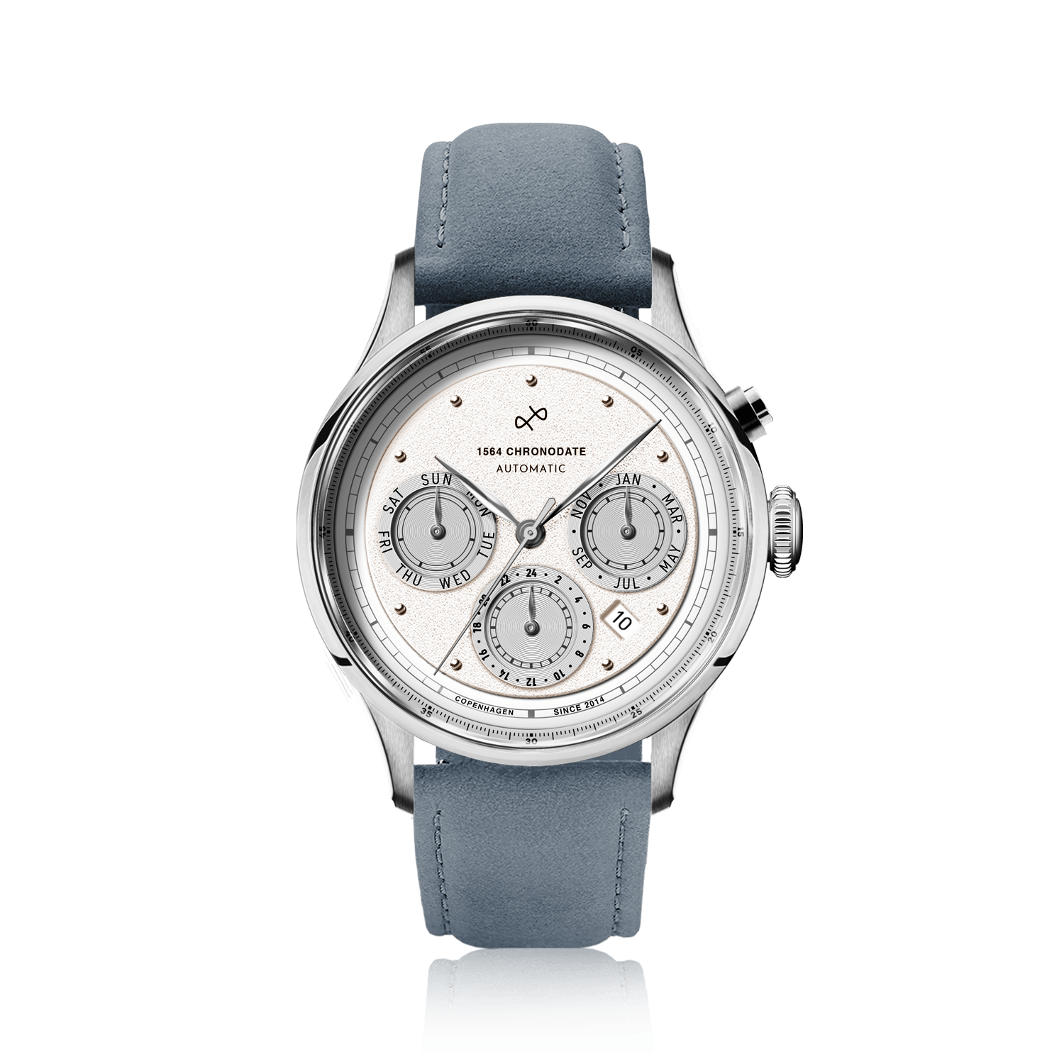 1564 Chronodate Automatic by AV86 showcases a luxury automatic chronograph with a textured dial, triple subdials for day, date, and 24-hour time, sapphire crystal, polished case, and a refined blue suede leather strap, exemplifying Scandinavian horological excellence and Nordic minimalism.