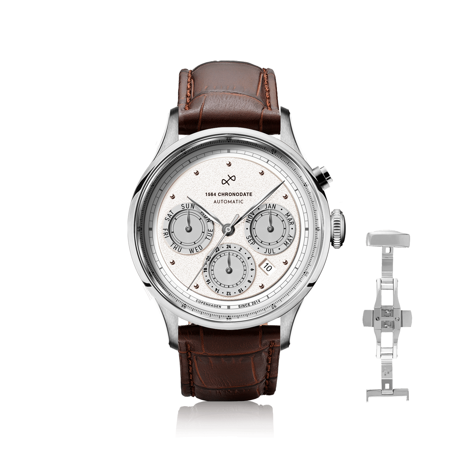 1564 Chronodate Automatic by AV86 features a vintage-inspired automatic chronograph with a textured dial, sapphire crystal, polished steel case, triple subdials for day, date, and month, and a brown croc-embossed leather strap, exemplifying Danish design and Nordic minimalism with horological precision.