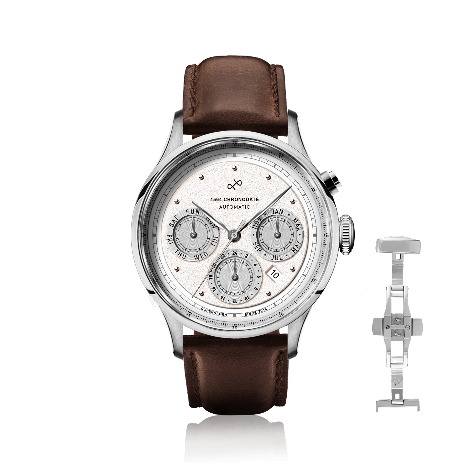 1564 Chronodate Automatic by AV86 presents a vintage-inspired automatic chronograph with a textured white dial, sapphire crystal, polished steel case, triple subdials for day, date, and month, and a dark brown leather strap with a butterfly clasp, embodying Danish design and Nordic minimalism.