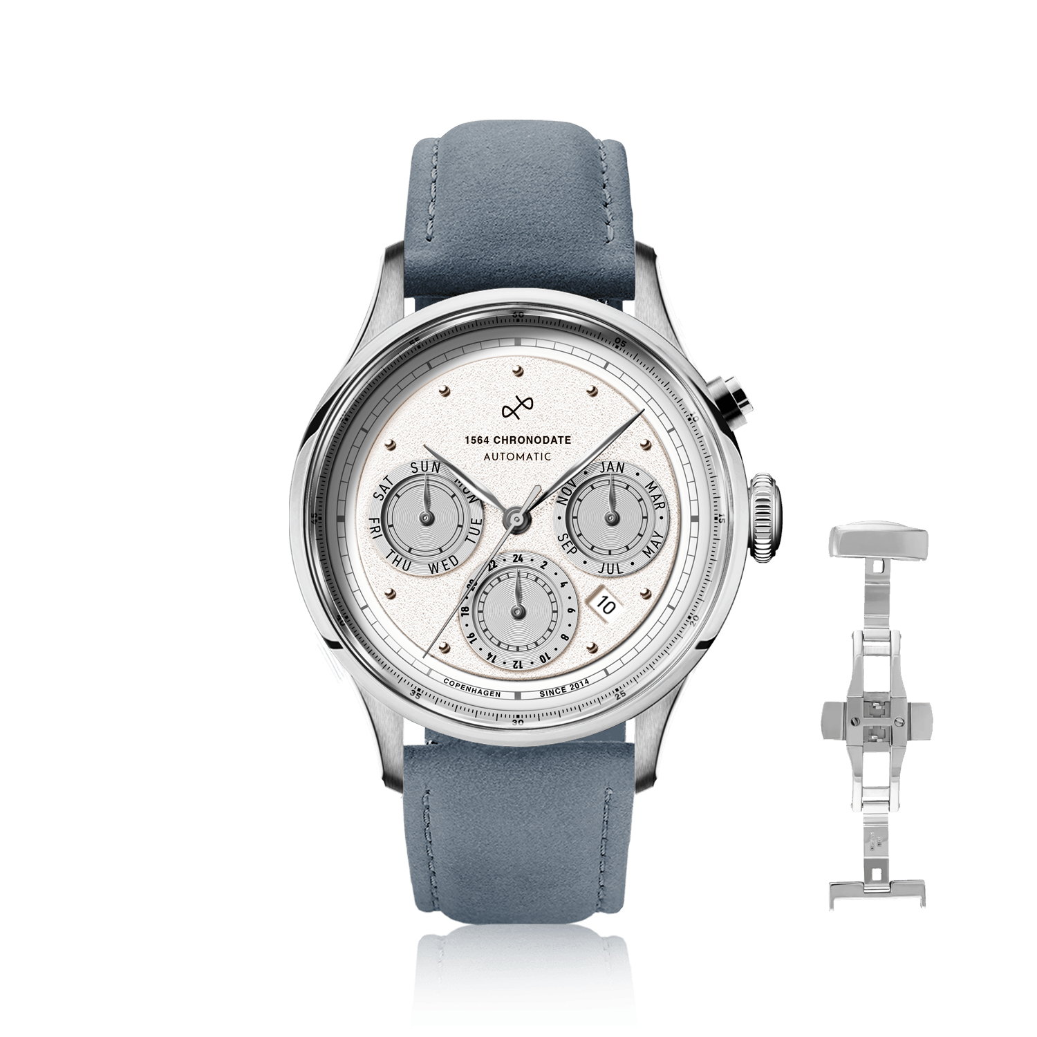 1564 Chronodate Automatic, Steel / White by AV86 features a vintage-inspired automatic chronograph with a textured dial, triple subdials for day, month, and 24-hour time, sapphire crystal, polished case, and a soft blue suede leather strap with a butterfly clasp, reflecting refined Danish design and Nordic minimalism.