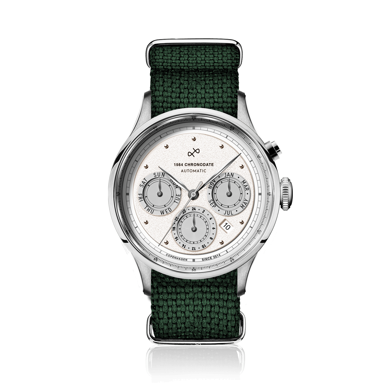 1564 Chronodate Automatic by AV86 showcases a vintage-inspired automatic chronograph with a textured dial, sapphire crystal, polished steel case, triple subdials for day, 24-hour time, and month, paired with a green NATO textile strap, reflecting refined Danish design and Nordic minimalism.
