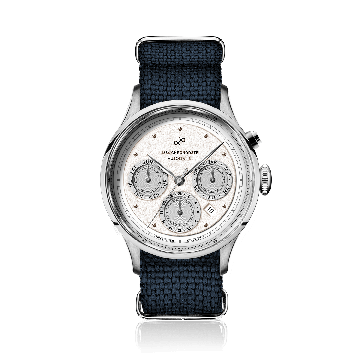 1564 Chronodate Automatic by AV86 features a refined vintage-inspired automatic chronograph with a textured white dial, sapphire crystal, polished case, triple subdials for day, month, and 24-hour time, paired with a blue woven NATO strap, embodying Danish horological excellence and Nordic minimalism.