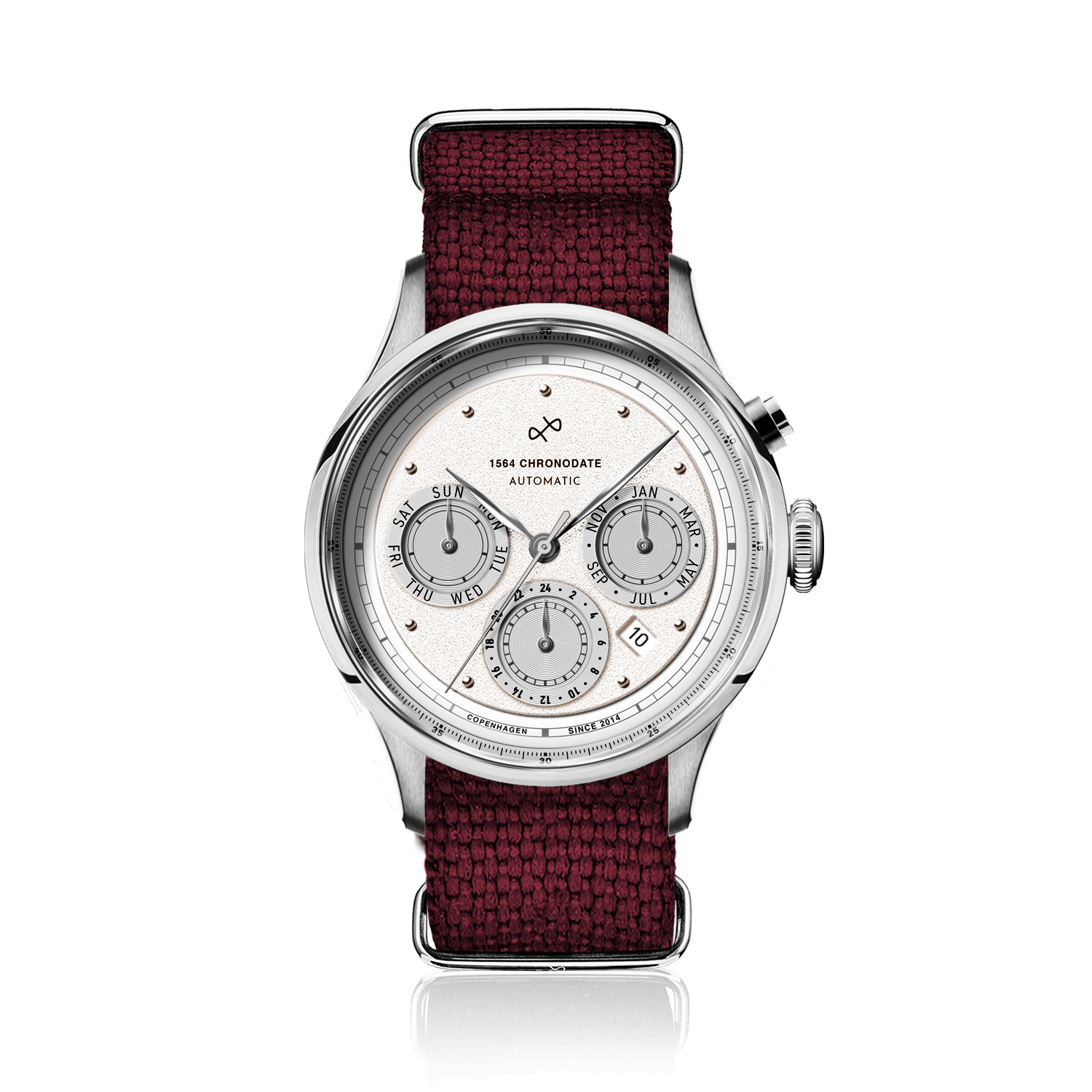 1564 Chronodate Automatic by AV86 features a vintage-inspired automatic chronograph with a textured dial, sapphire crystal, polished steel case, triple subdials displaying day, 24-hour time, and month, complemented by a burgundy woven fabric strap, embodying refined Danish design and Nordic minimalism.