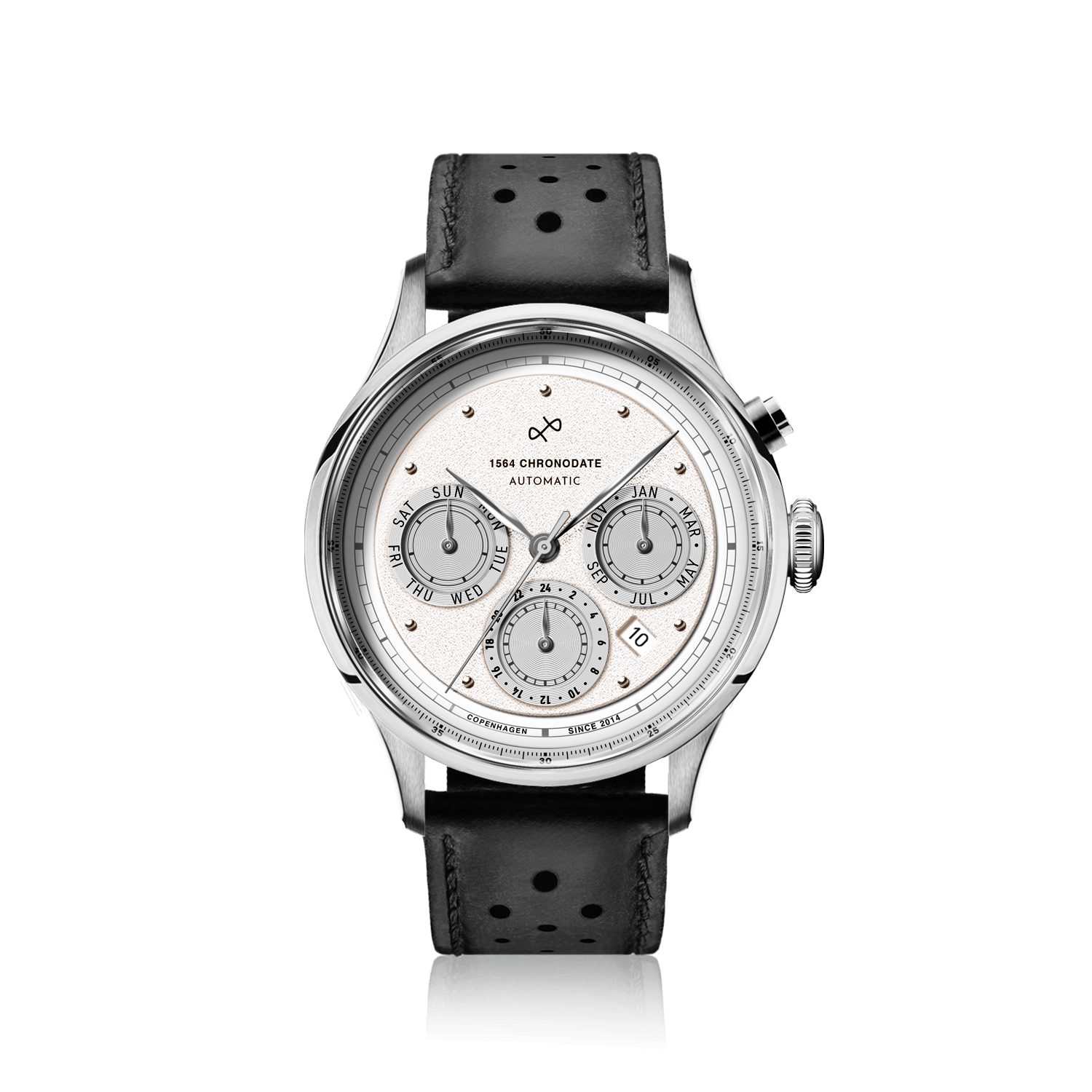 1564 Chronodate Automatic by AV86 features a vintage-inspired automatic chronograph with a finely textured dial, sapphire crystal, polished case, triple subdials for day, month, and 24-hour time, paired with a perforated black leather strap, reflecting Danish horological excellence and Nordic minimalism.