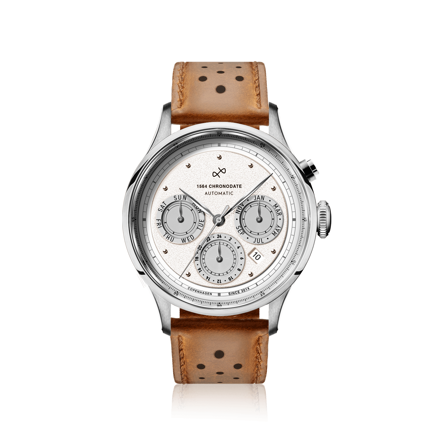 1564 Chronodate Automatic by AV86 features a vintage-inspired automatic chronograph with a textured dial, sapphire crystal, polished case, triple subdials for day, month, and 24-hour time, paired with a perforated tan leather racing strap, exemplifying Danish horological craftsmanship and Nordic minimalism.