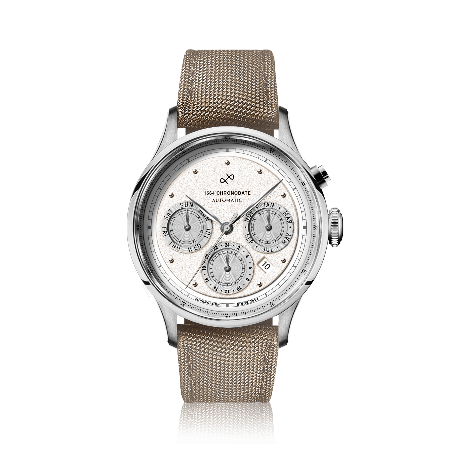 1564 Chronodate Automatic by AV86 features a textured dial with sapphire crystal, polished case, triple subdials for day, month, and 24-hour time, combined with a durable khaki Cordura fabric strap, reflecting refined Danish horological excellence and Nordic minimalism.