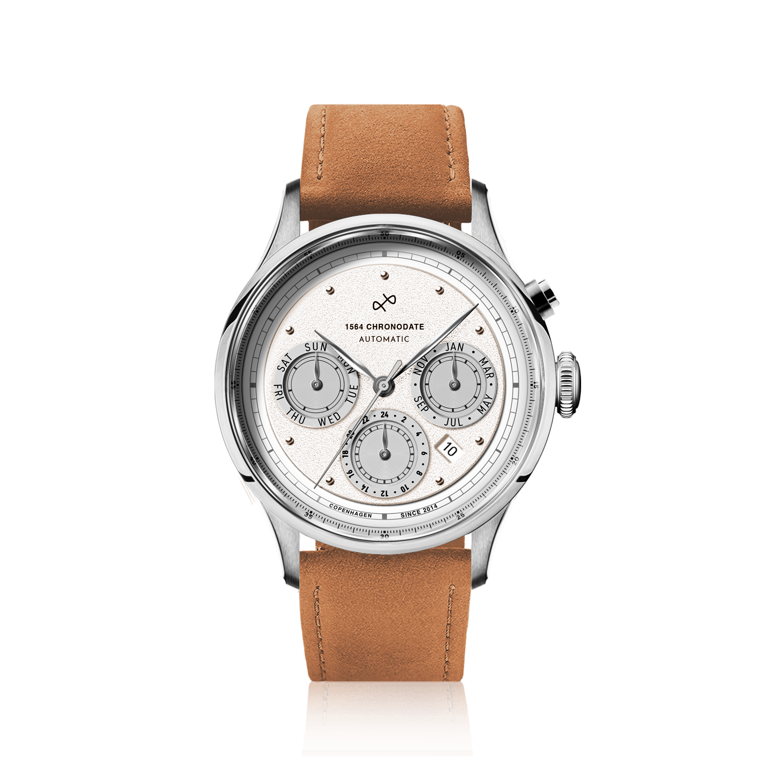 1564 Chronodate Automatic by AV86 features a refined automatic chronograph with a textured dial, sapphire crystal, polished case, triple subdials for day, date, and month, paired with a supple brown suede leather strap, exemplifying Danish horological excellence and Nordic minimalism.