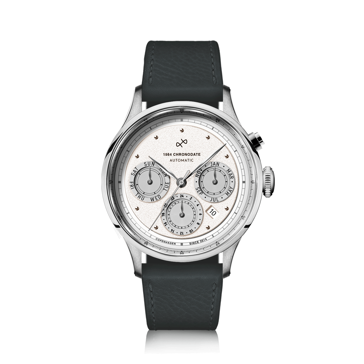 1564 Chronodate Automatic by AV86 showcases a vintage-inspired automatic chronograph with a textured white dial, polished steel case, sapphire crystal, and three subdials for day, month, and 24-hour time, paired with a dark grey leather strap, exemplifying Scandinavian horological craftsmanship and minimalist Nordic design.