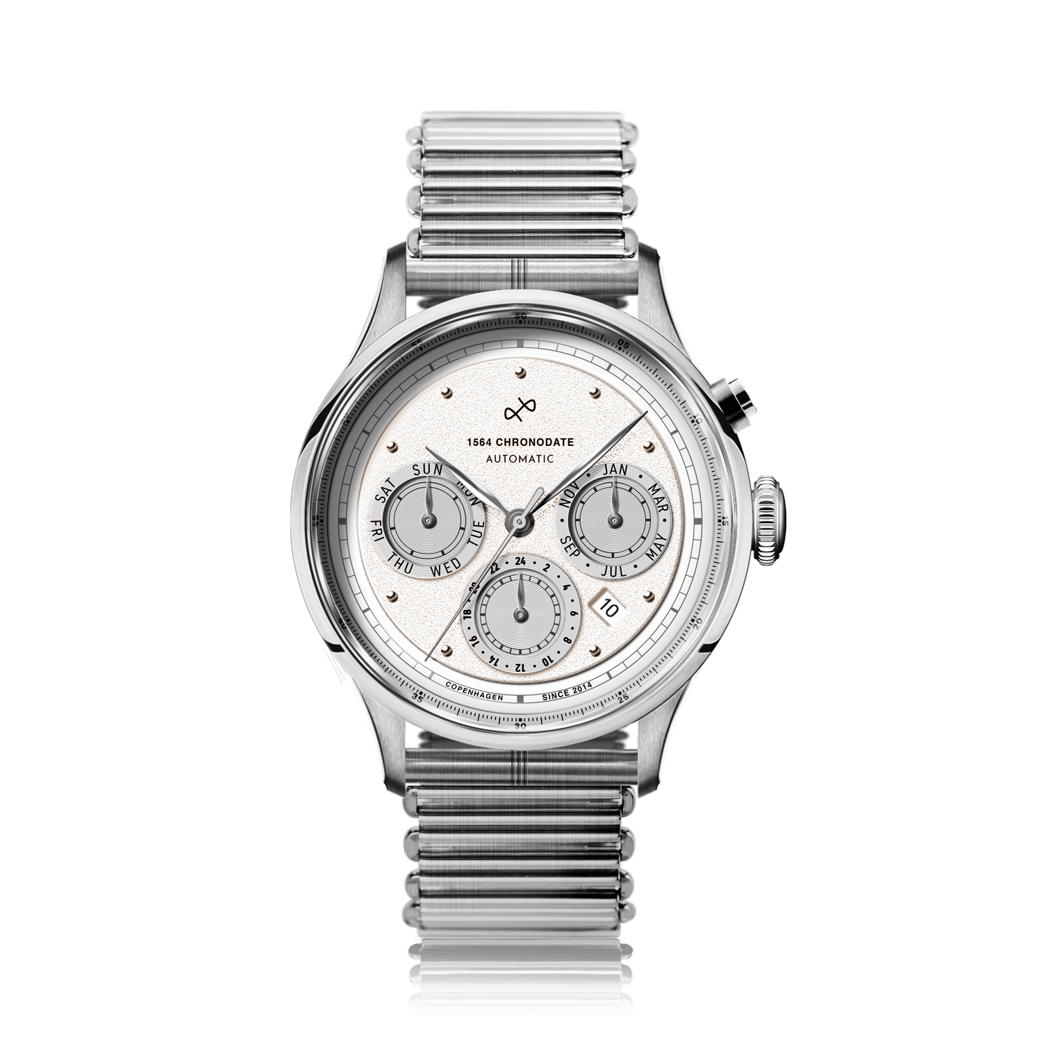 1564 Chronodate Automatic by AV86 showcases a vintage-inspired automatic chronograph with a finely textured white dial, sapphire crystal, polished steel case, triple subdials for day, month, and 24-hour time, paired with a stainless steel Bonklip bracelet, exemplifying refined Danish horological craftsmanship and understated Nordic minimalism.