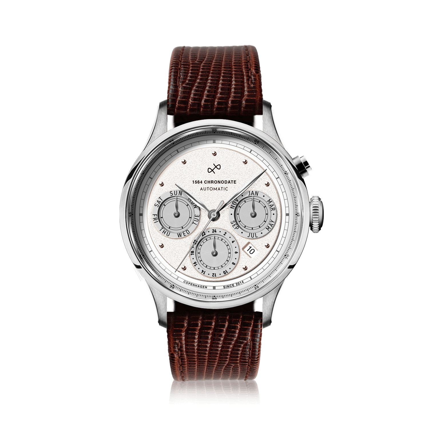 1564 Chronodate Automatic by AV86 features a vintage-inspired automatic chronograph with a textured dial, sapphire crystal, polished case, and three subdials displaying day, month, and 24-hour time, paired with a brown lizard leather strap, exemplifying refined Danish horological craftsmanship and minimalist Nordic design.