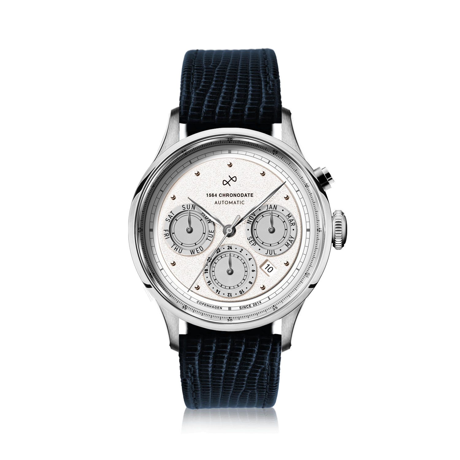1564 Chronodate Automatic by AV86 features a vintage-inspired automatic chronograph with a finely textured white dial, sapphire crystal, polished steel case, three subdials indicating day, month, and 24-hour time, and a navy lizard-pattern leather strap, embodying refined Danish horological craftsmanship and minimalist Scandinavian design.