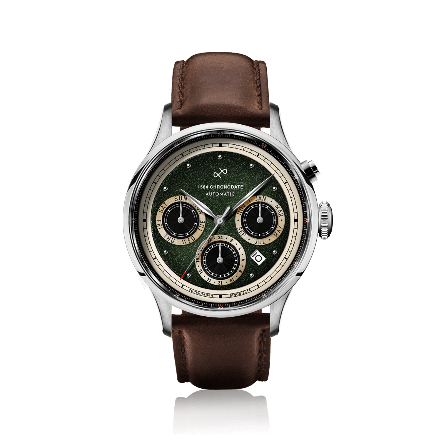 1564 Chronodate Automatic by AV86 vintage-inspired chronograph with sapphire crystal, automatic movement, and brown leather strap