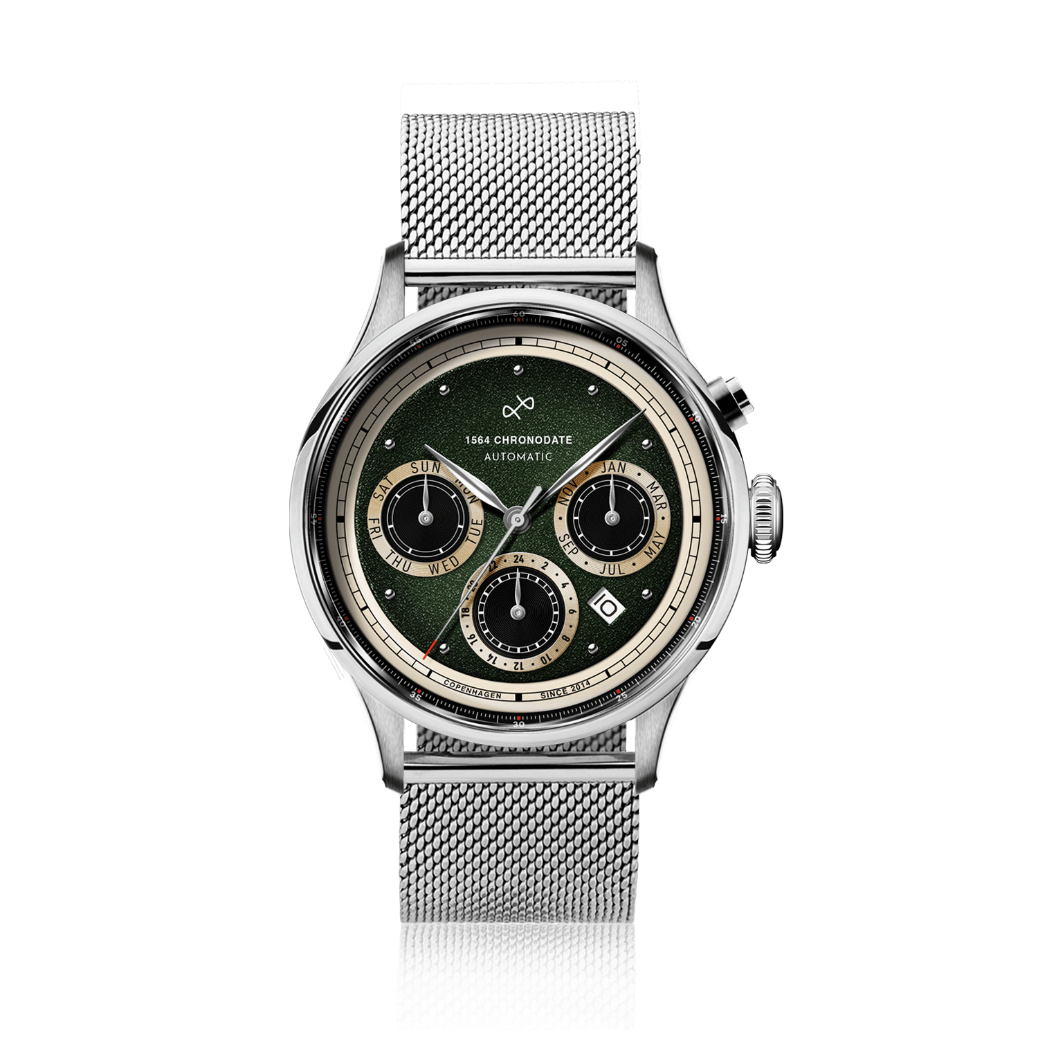 1564 Chronodate Automatic by AV86 vintage-inspired chronograph with sapphire crystal, multi-function dial, and stainless steel mesh strap
