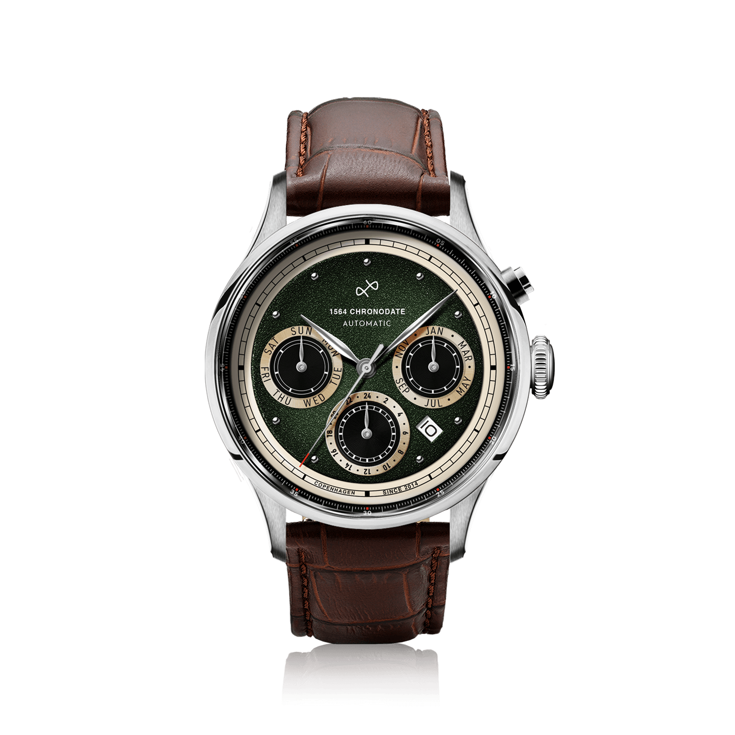 1564 Chronodate Automatic by AV86 vintage-inspired chronograph with sapphire crystal, automatic movement, and brown leather strap