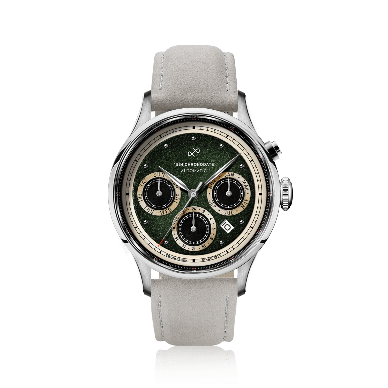 1564 Chronodate Automatic by AV86 with vintage-inspired dial, sapphire crystal, chronograph subdials, and light leather strap