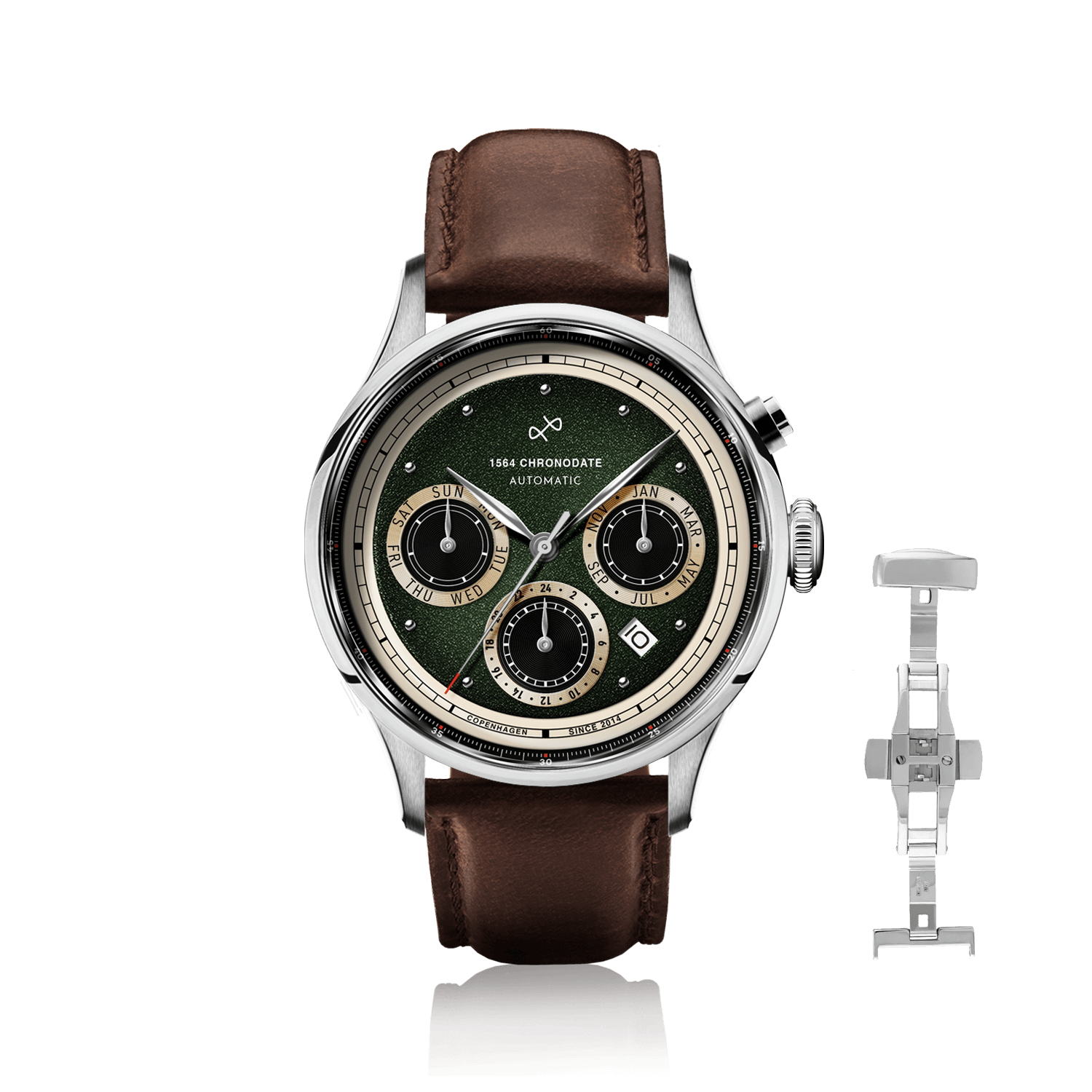 1564 Chronodate Automatic by AV86 vintage-inspired automatic chronograph with sapphire crystal, green dial, and brown leather strap