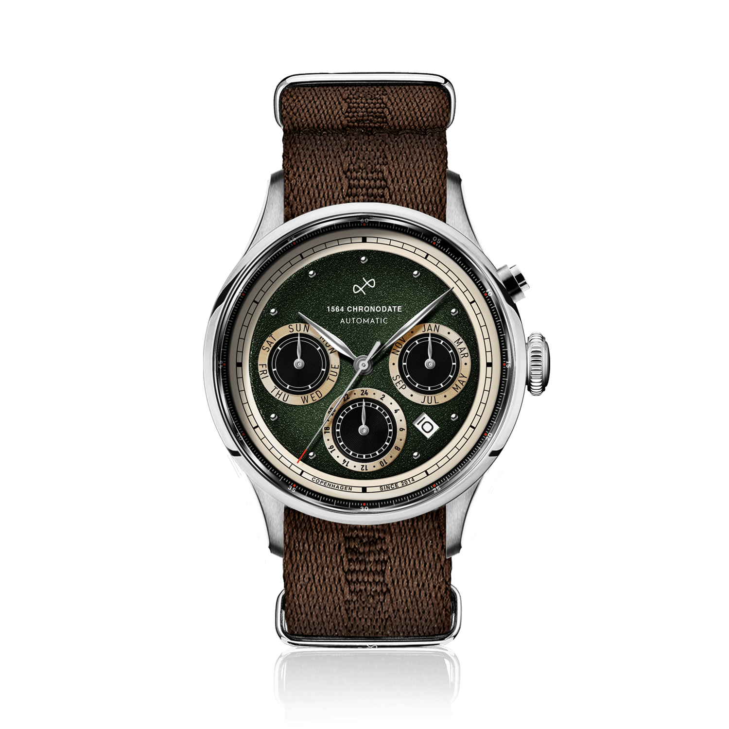 1564 Chronodate Automatic by AV86 vintage-inspired automatic watch with sapphire crystal, chronograph dial, and brown fabric strap