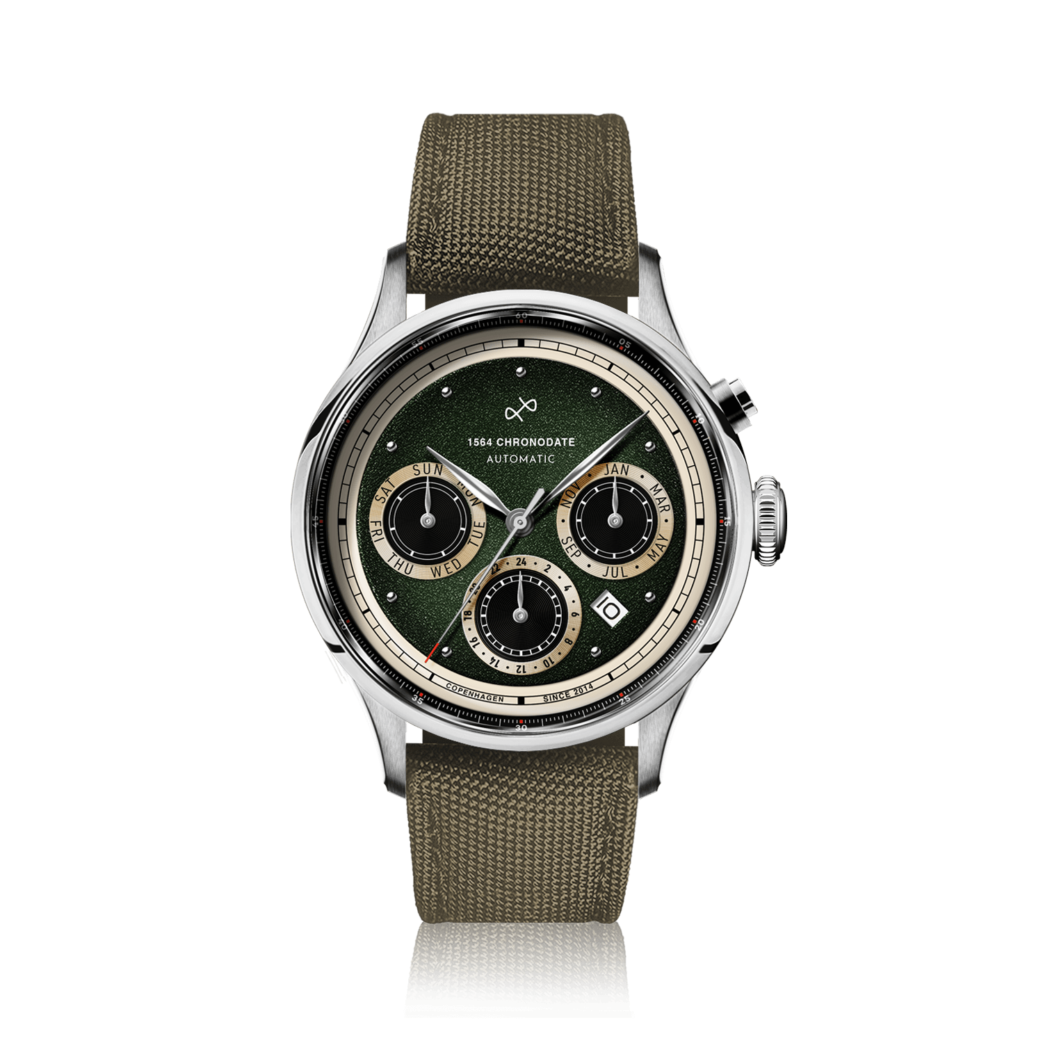 1564 Chronodate Automatic by AV86 vintage-inspired automatic watch with sapphire crystal, chronograph subdials, and fabric strap