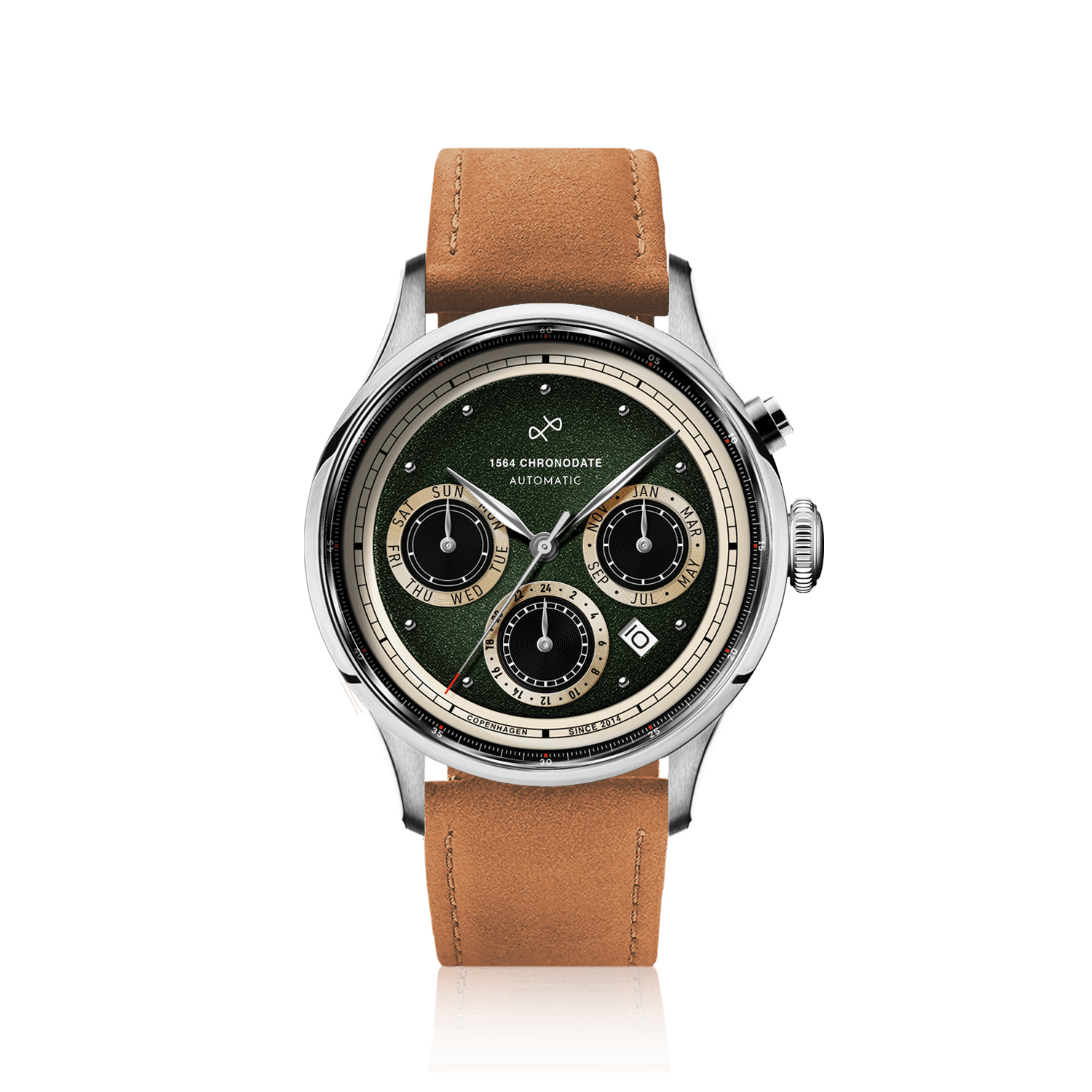 1564 Chronodate Automatic by AV86 sophisticated vintage-inspired chronograph with sapphire crystal and tan leather strap