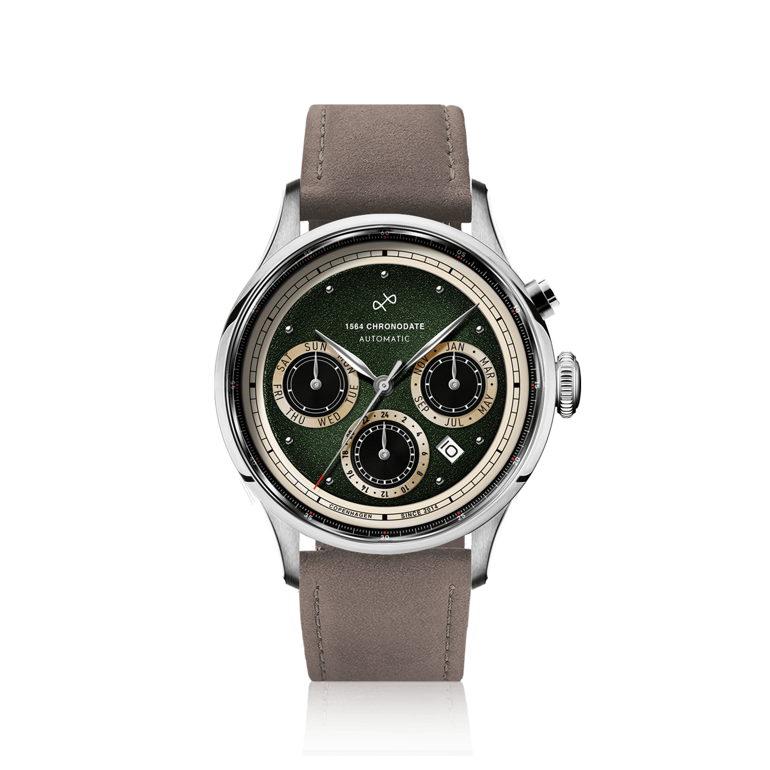 1564 Chronodate Automatic by AV86 vintage-inspired chronograph with sapphire crystal, multi-function dial, and taupe leather strap