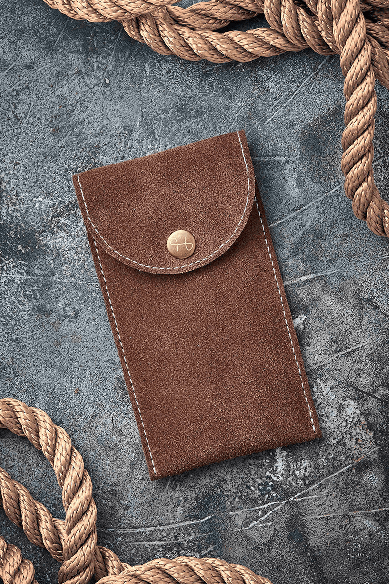 Watch Pouch - Brown by AV86 in suede leather with stitched edges and button closure, designed for secure travel storage of luxury timepieces