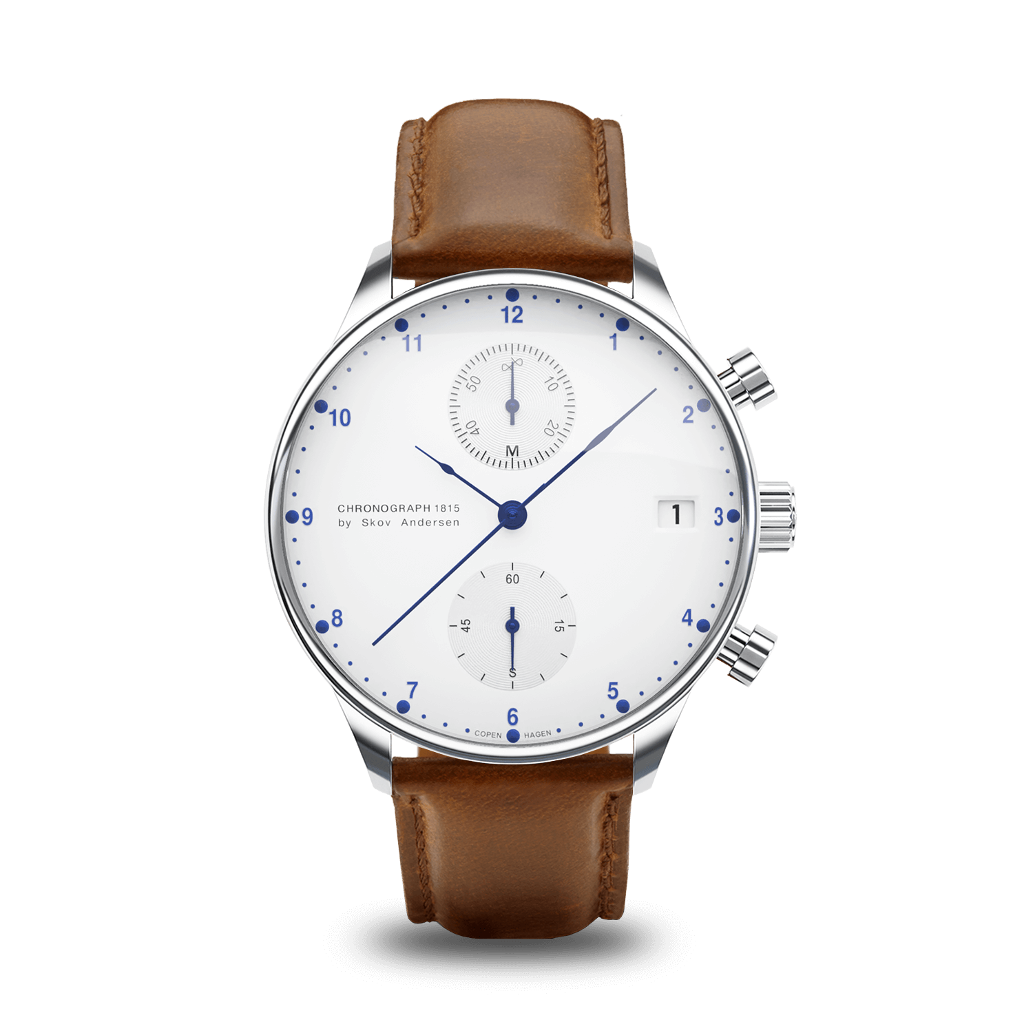 1815 Chronograph by AV86 with white dial, blue accents, sapphire crystal, polished case, and brown leather strap