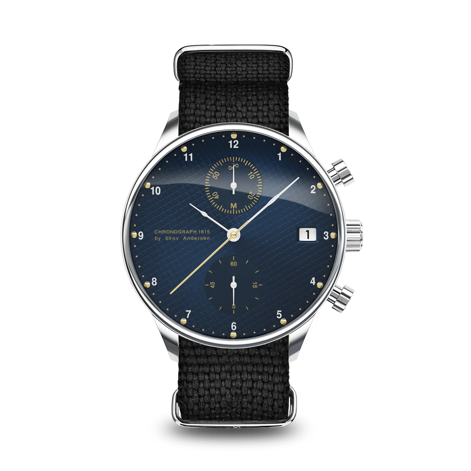 1815 Chronograph by AV86 with vintage-inspired dial, sapphire crystal, chronograph function, and textured black fabric strap
