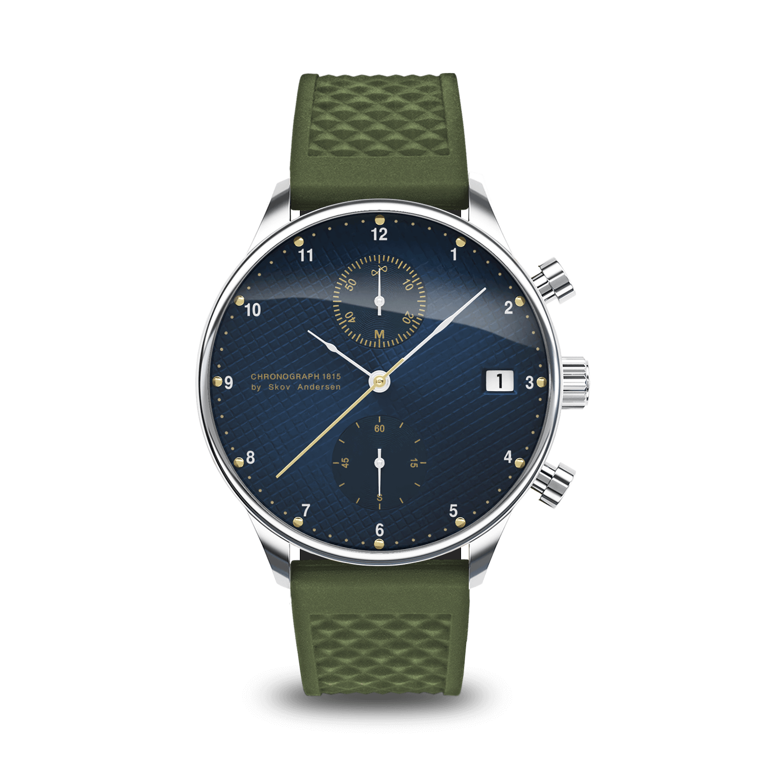 1815 Chronograph by AV86 vintage-inspired chronograph with sapphire crystal, blue dial, subdials, and green textured rubber strap