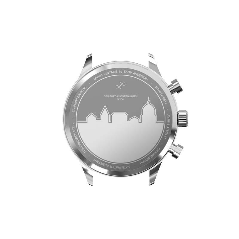 1815 Chronograph by AV86 showcasing engraved stainless steel case back with Copenhagen skyline and technical markings
