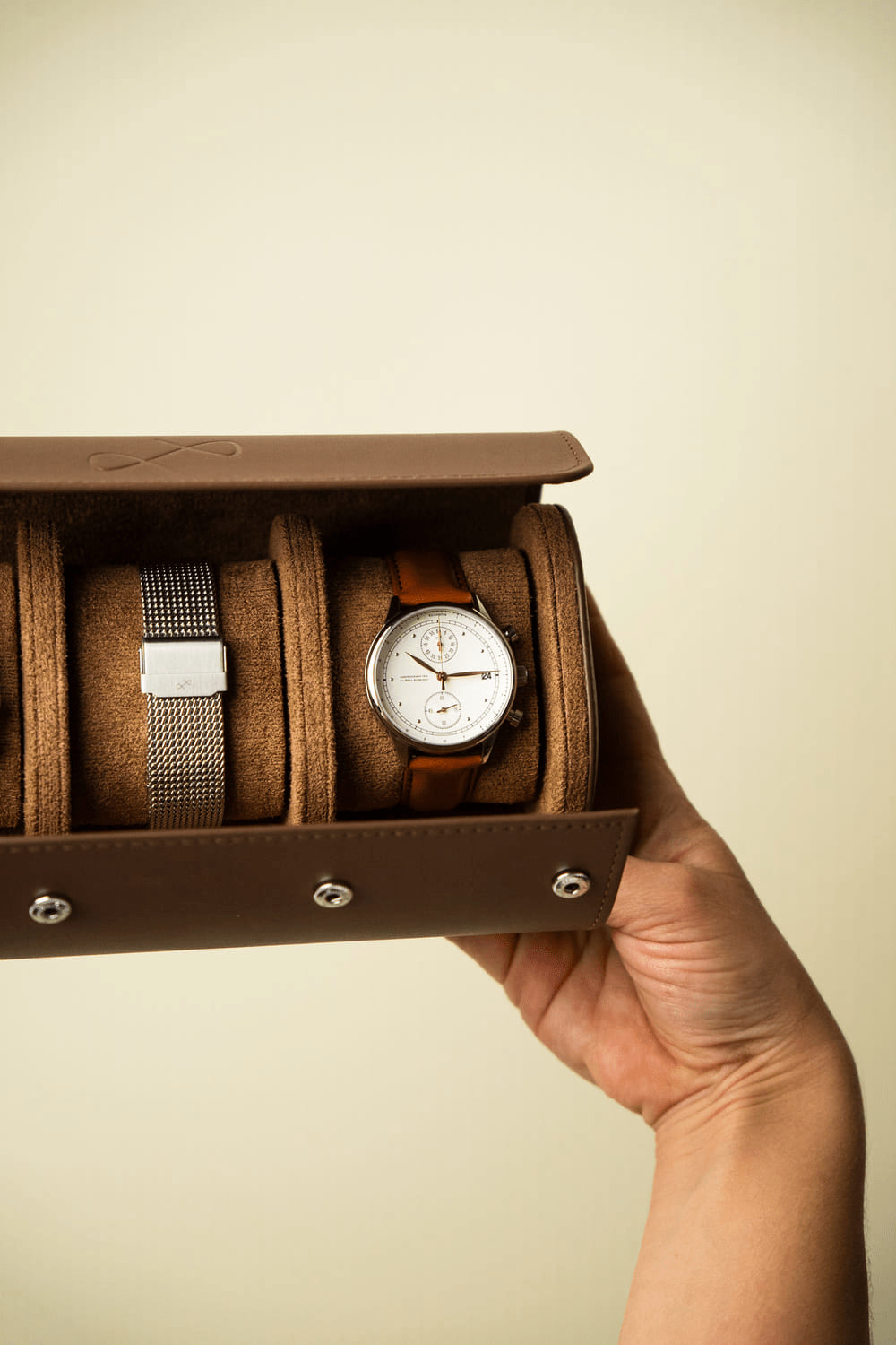 1834 Chronograph by AV86 vintage-inspired chronograph with sapphire crystal, white dial, brown leather strap, and mesh metal strap included