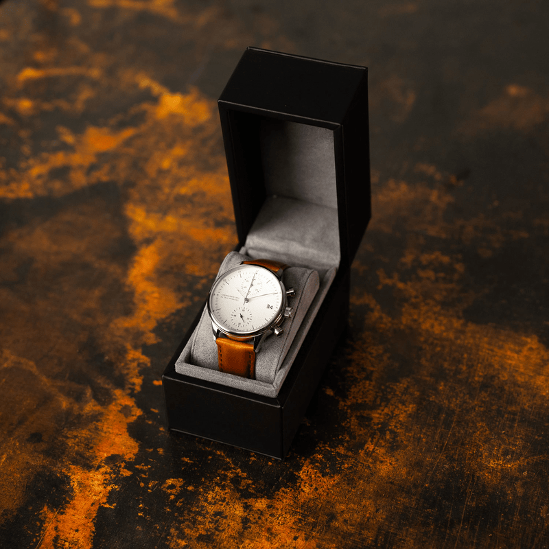 1844 Chronograph by AV86 luxury timepiece with vintage-inspired dial, sapphire crystal, chronograph function, and tan leather strap in presentation box