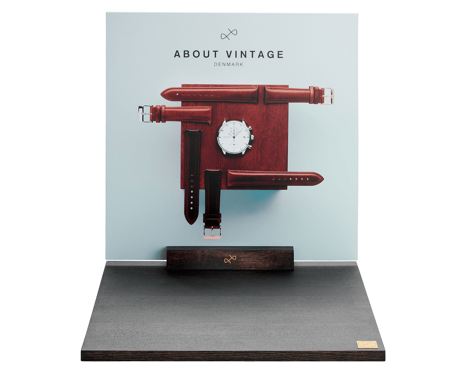 Boards display stand by AV86 with wooden base, multiple leather strap options, designed for vintage-inspired watch presentation