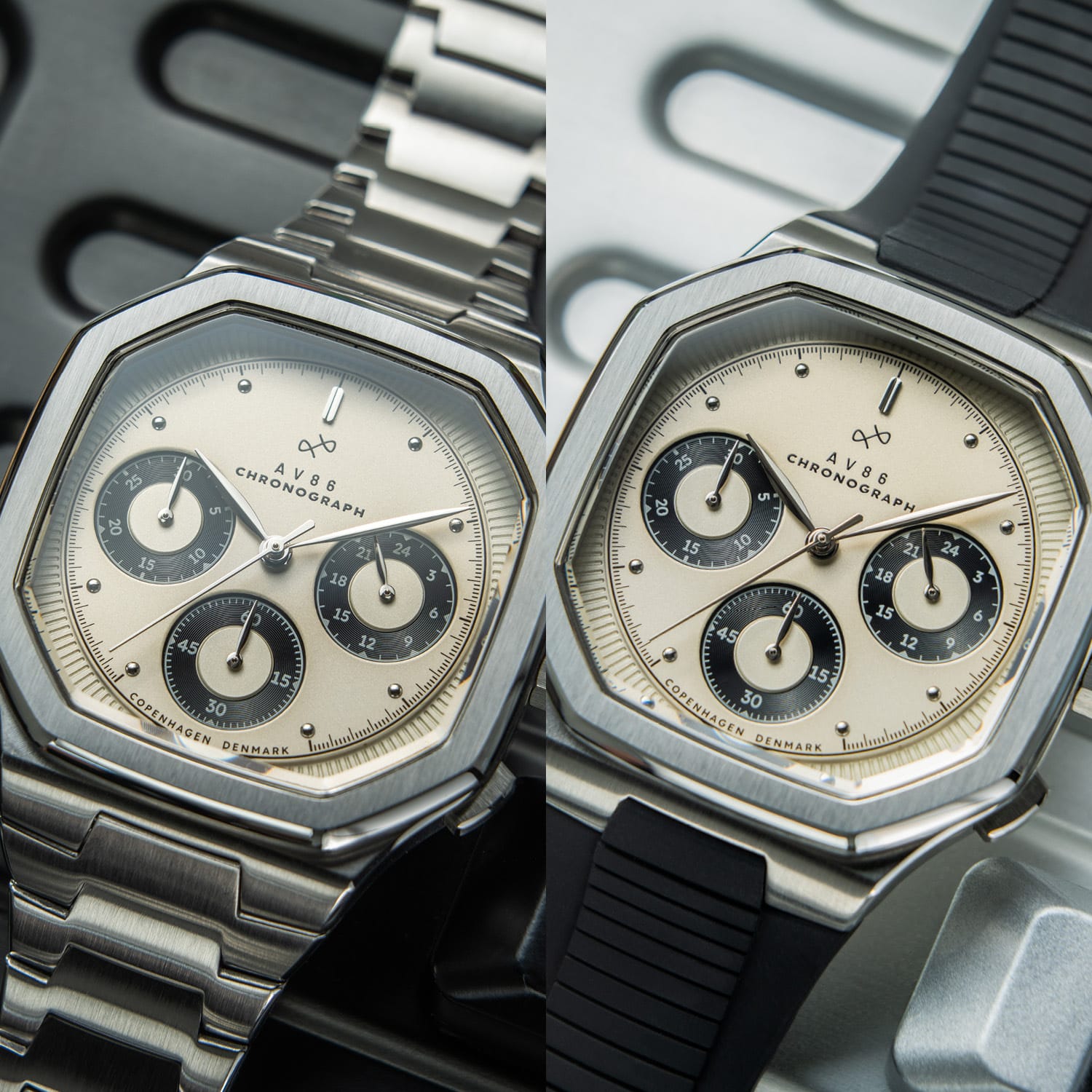 AV86 chronograph with sapphire crystal, octagonal case, vintage-inspired dial, and interchangeable metal and rubber straps