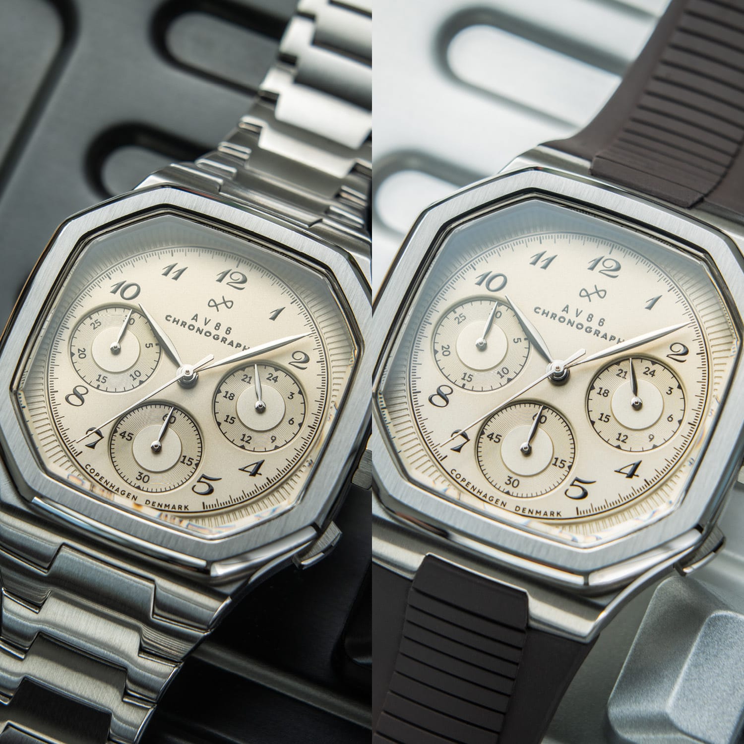 AV86 chronograph with vintage-inspired dial and sapphire crystal, shown with metal bracelet and textured rubber strap options