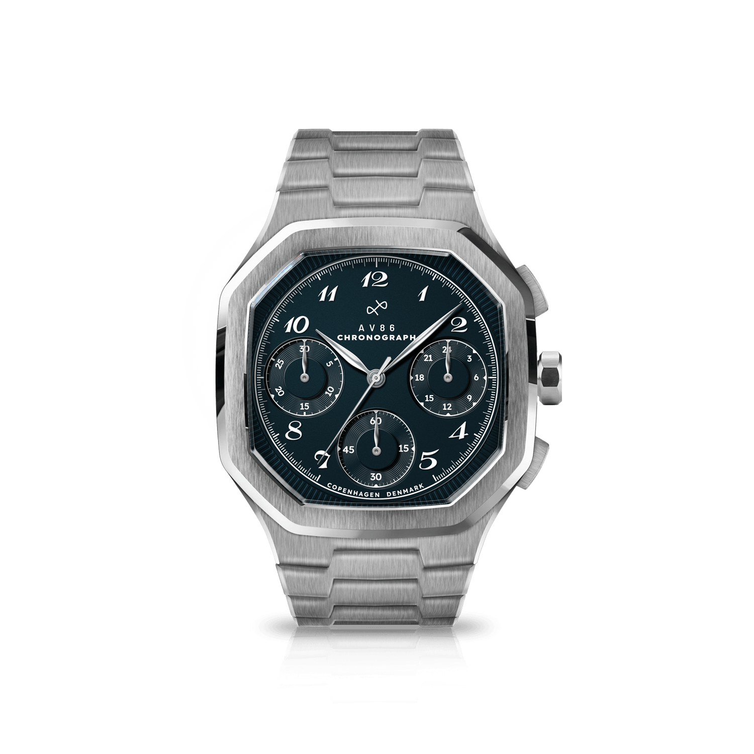 1904 Chronograph by AV86 with angular case, sapphire crystal, vintage-inspired dial, steel bracelet, and precision chronograph functions