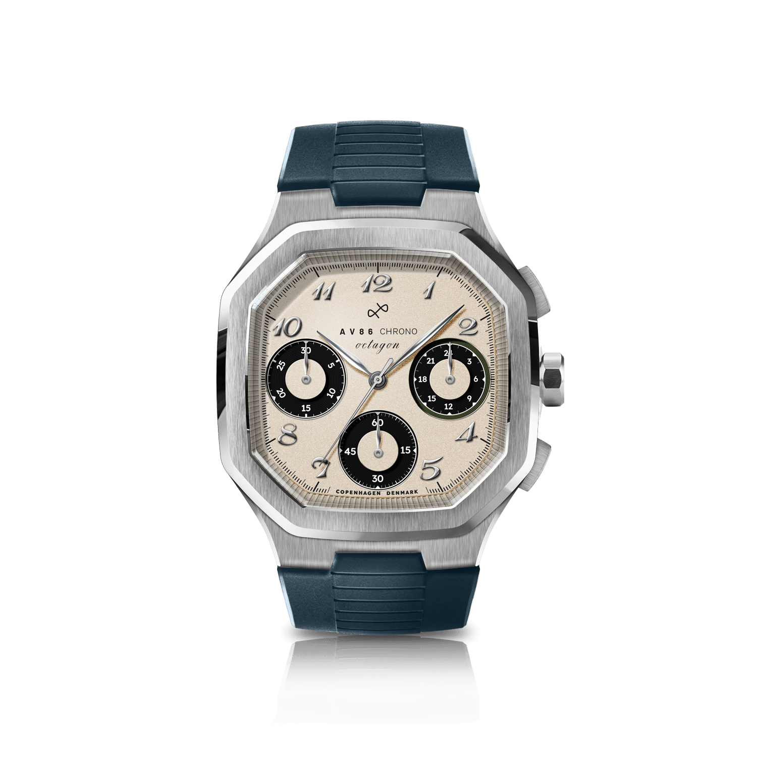 1904 Chrono, Steel / Off White & Black by AV86 features a stainless steel case with a sapphire crystal, vintage-inspired off white dial with black chronograph subdials, and a durable navy rubber strap, embodying Nordic minimalism and horological excellence.