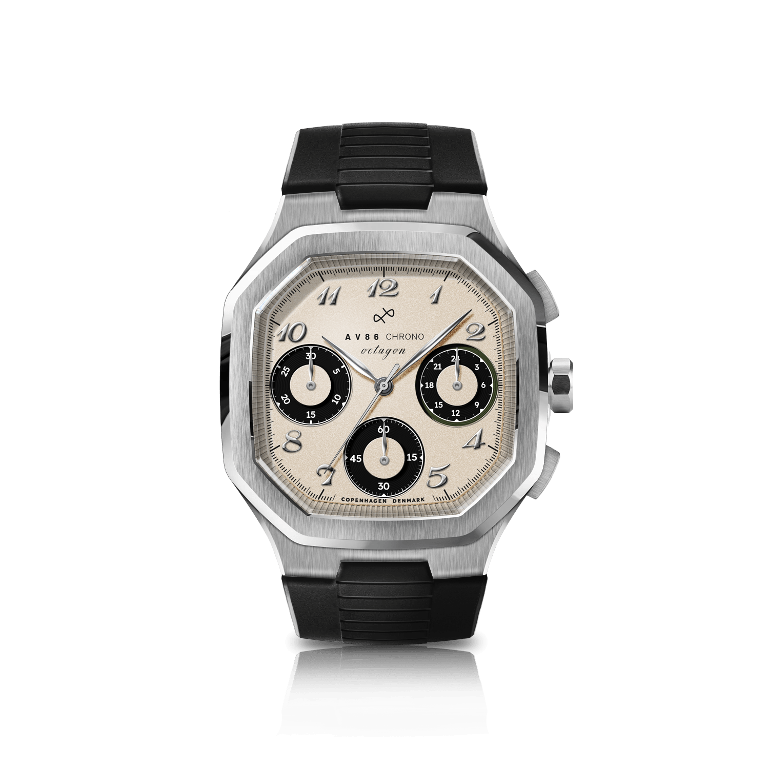 1904 Chrono, featuring a refined chronograph dial with contrasting subdials, stainless steel case, and black rubber strap by AV86, exemplifying Nordic minimalism and horological excellence.