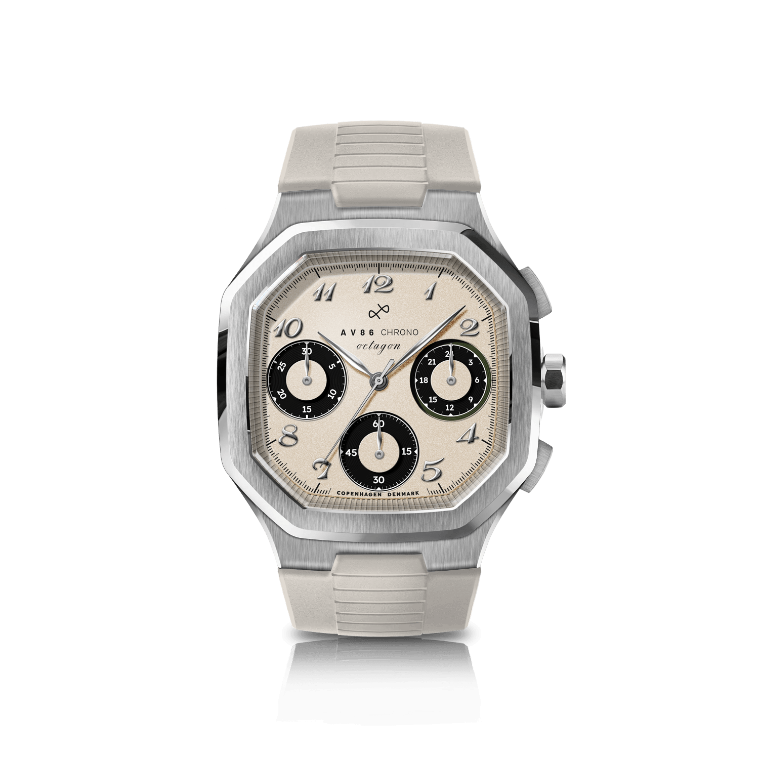1904 Chrono, Steel / Off White & Black by AV86 features a vintage-inspired chronograph with a sapphire crystal, textured dial, and a durable silicone strap, exemplifying Nordic minimalism.