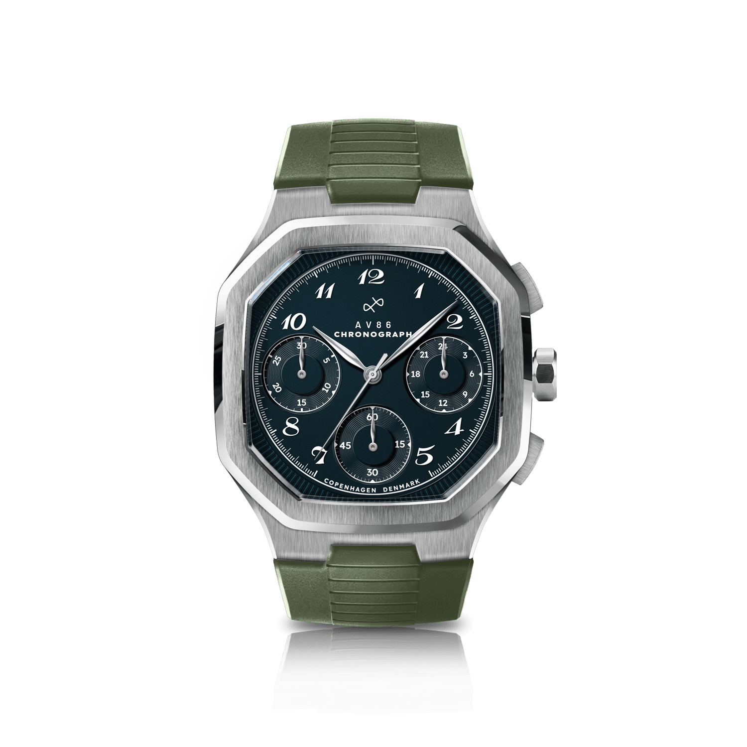 1904 Chronograph by AV86 with angular case, vintage-inspired dial, sapphire crystal, and rugged rubber strap in Nordic design style