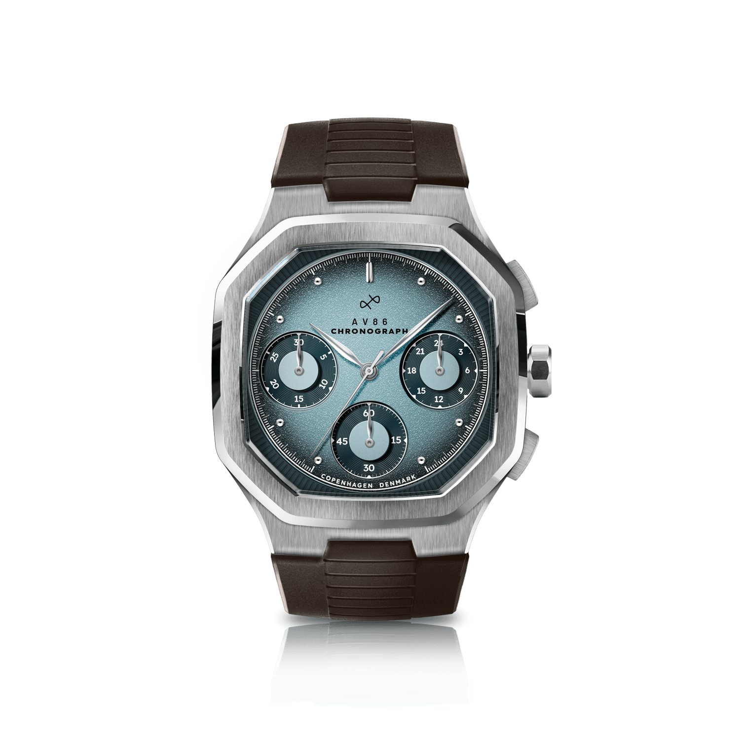 1904 Chronograph by AV86 with angular case, vintage-inspired dial, sapphire crystal, chronograph subdials, and rubber strap