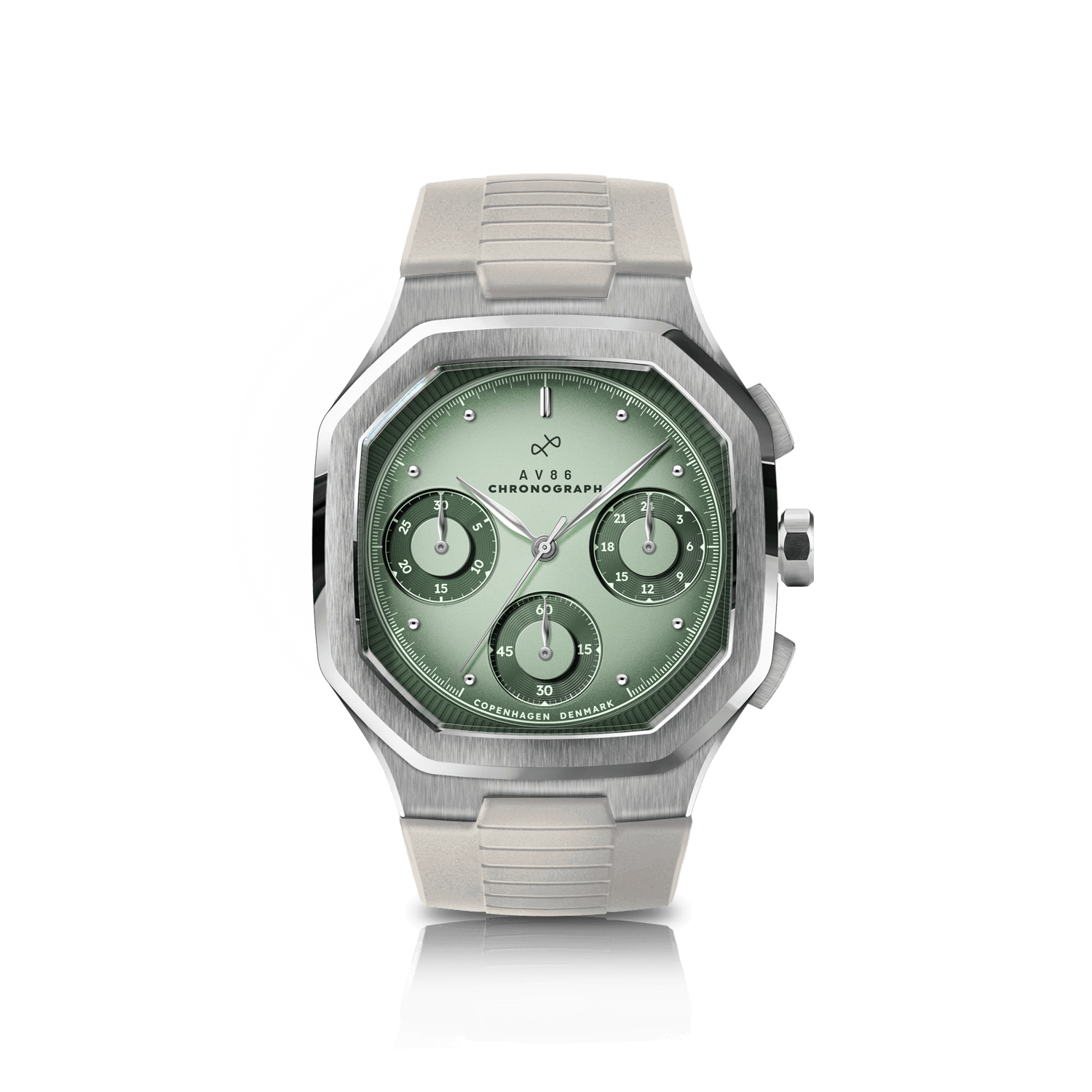 1904 Chronograph by AV86 with angular case, vintage-inspired dial, sapphire crystal, and steel integrated bracelet strap