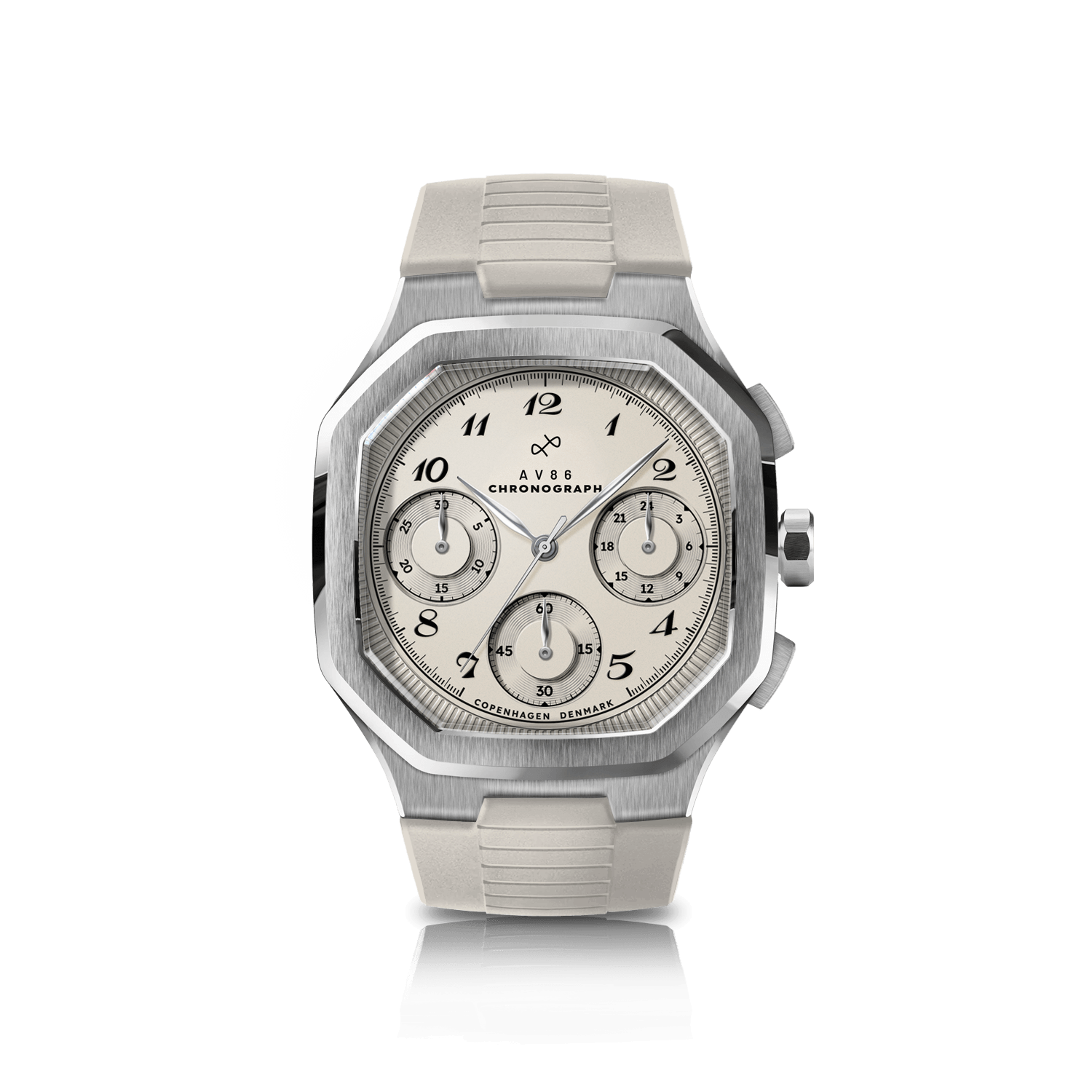 1904 Chronograph by AV86 with Art Deco inspired angular case, sapphire crystal, chronograph subdials, and textured rubber strap
