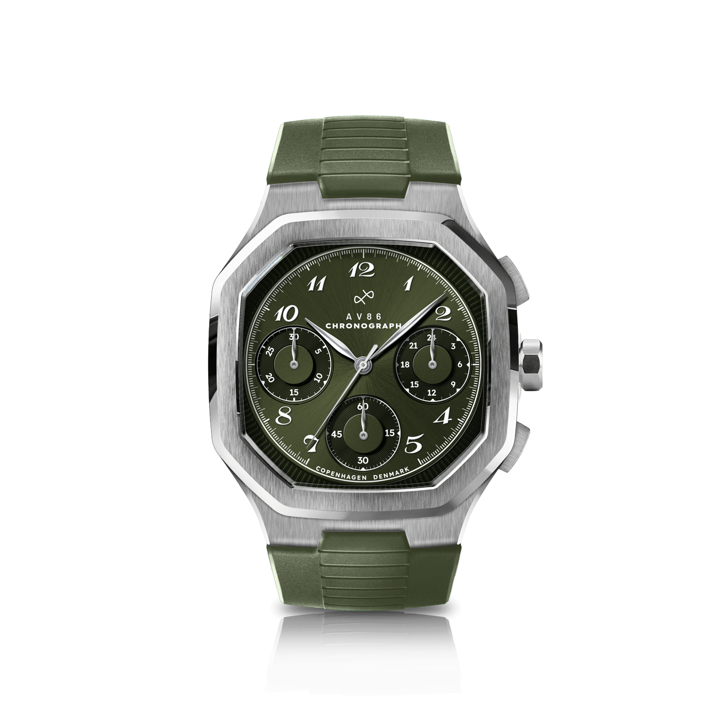 1904 Chronograph by AV86 with angular case, vintage-inspired dial, sapphire crystal, and textured rubber strap